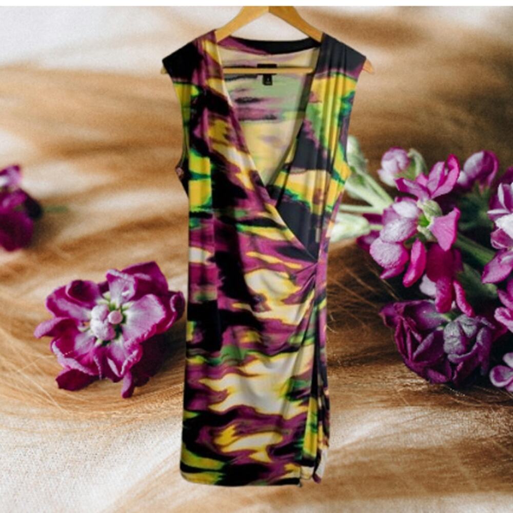 Worthington Large sleeveless faux wrap v neck polyester blend stretch dress.